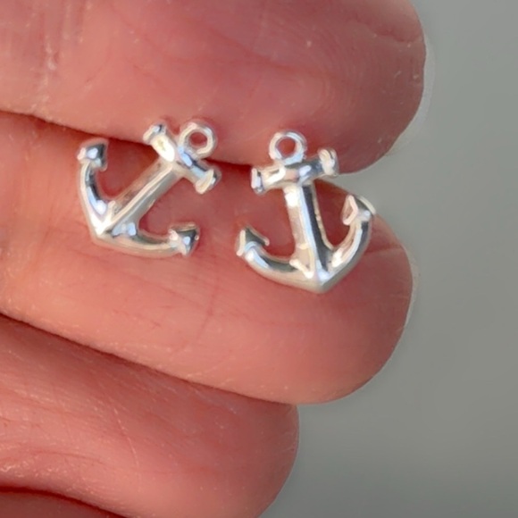 Sterling Silver Dainty Anchor Stud Earrings - Picture 4 of 9